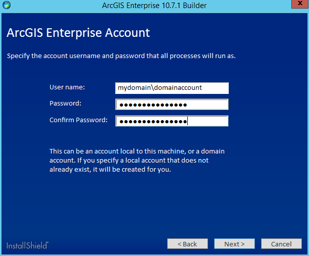 If you enter a domain account, it must already exist. If you enter a domain account, it must already exist.