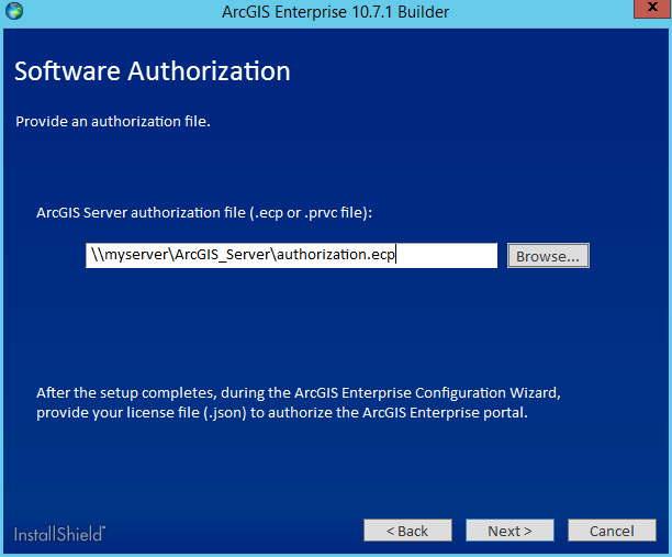 Provide the location for your ArcGIS Server authorization file. Provide the location for your ArcGIS Server authorization file.